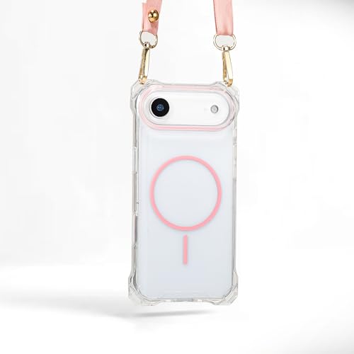 Magnetic for iPhone Air Crossbody Phone Case,Clear/Pink,Clear Magnetic Soft Frame PC Back Shockproof Protective Phone Cover with Adjustable Detachable Lanyard,Compatible with MagSafe - color: Clear/Pink, size: iPhone Air