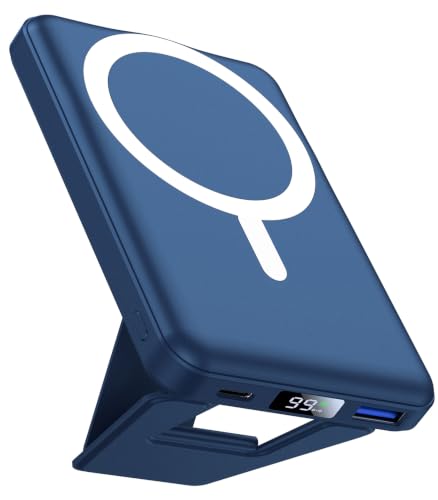 AOGUERBE Magnetic Power Bank, 10000mAh Wireless Portable Charger with Stand - color: Dark Blue