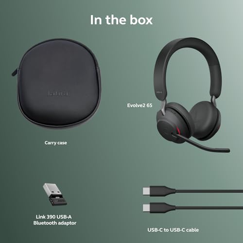 Jabra Evolve2 65 Bluetooth Wireless Headset with Mic for Calls and Music, Dual-Ear Headphones with USB-A Adapter, Up to 37 Hours Battery, Noise-Cancelling, Works with Online Meeting Apps, Black (193) - size: USB-A Dongle, style: All Platforms