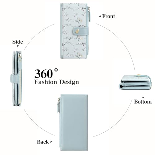 GAEKEAO Womens Wallet RFID Blocking Trifold Large Capacity Ladies Vegan Leather Wallet Floral Multi Card Holder Organizer - color: Y02-Blue