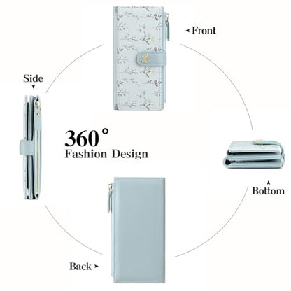 GAEKEAO Womens Wallet RFID Blocking Trifold Large Capacity Ladies Vegan Leather Wallet Floral Multi Card Holder Organizer - color: Y02-Blue