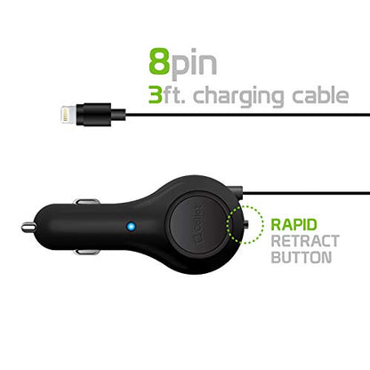 Cellet Retractable Car Charger with Lightning Cable Compatible with Apple iPhone 14 13 12 SE 11 Xr Xs X iPad Pro Air Mini iPod Touch Nano (Apple MFI Certified) 3-Feet - color: 5 Watt Lighting