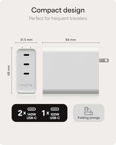 Mophie Speedport 140 GAN USB-C Charger Block - 140W Fast Wall Charger, 3× USB‑C PD Ports, Compact Foldable Prongs, Made with Recycled Materials, for Smartphones, Tablets, Headphones - style: 140W
