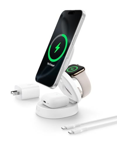 Belkin Qi2 15W Wireless Fast Charging Station, 3 in 1 iPhone Charger - color: White, style: 3 in 1