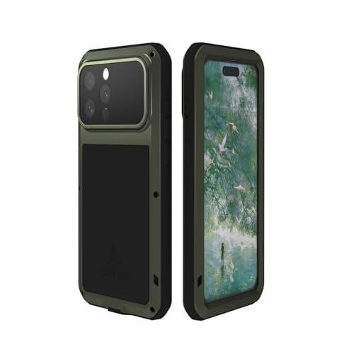 LOVE MEI Military Rugged Case for iPhone 16 Pro Max, with Tempered Glass Screen Protector, Shockproof Dustproof Scratch Proof Hybrid Metal and Silicone Gel Heavy Duty Full Body Cover Green - color: Green