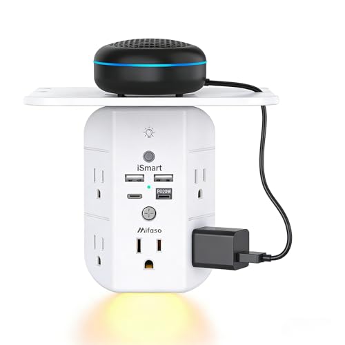 Mifaso PD20W Outlet Extender with Shelf & Night Light, Surge Protector - color: White, size: 2C2A&PD 20W