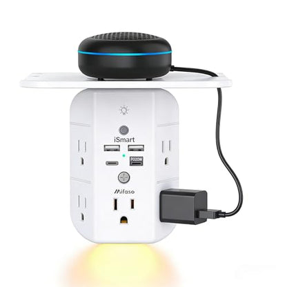 Mifaso PD20W Outlet Extender with Shelf & Night Light, Surge Protector - color: White, size: 2C2A&PD 20W
