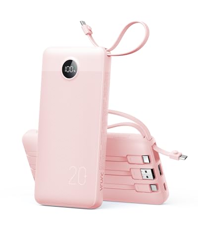VRURC Portable Charger 20000mAh 4-Built-in-Cable Fast Charging Power Bank - color: Pink