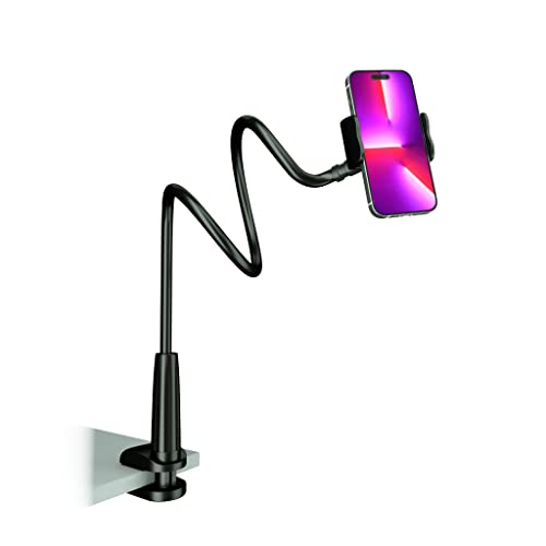 MAGIPEA Gooseneck Phone Holder for Bed, 30in Flexible Overhead Cell Phone Mount for Desk, Hands-Free Viewing Clamp Stand Compatible with iPhone 17 16 15 Pro Max and 3.5-7" Devices - color: Black