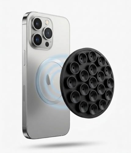 Magnetic Suction Phone Mount - Black Silicone Holder with Strong Suction for iPhone & Android - Versatile Use on Mirror, Glass, Car & Gym