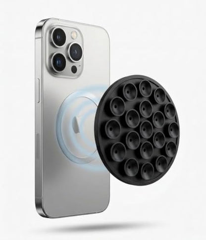 Magnetic Suction Phone Mount - Black Silicone Holder with Strong Suction for iPhone & Android - Versatile Use on Mirror, Glass, Car & Gym