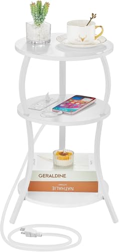 YEAKOO Small Round Side Table with Charging Station,White - color: White, style: USB Charger