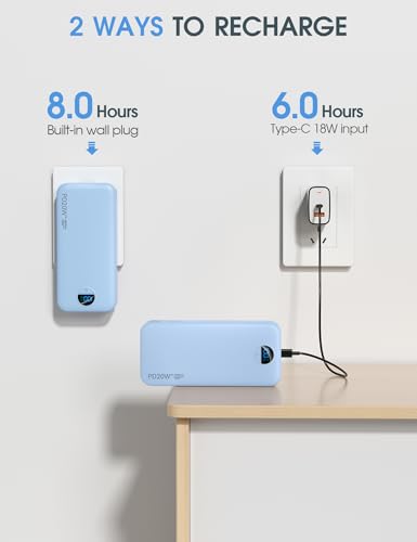 citicr Portable Charger 20000mAh PD20W w/Built-in Cables & Wall Plug Blue - color: Cerulean