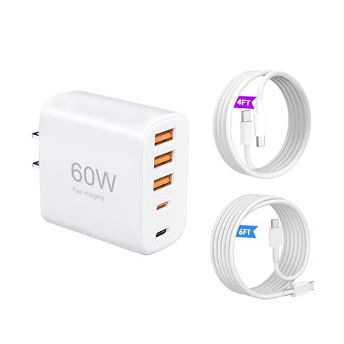 60W Multi-Port USB-C Charger with Cables (4FT + 6FT), 5-Port Wall Plug Power Adapter Compatible with iPhone 17/16/15 Series, iPad, Samsung S25/S24, Headphones, smartwatches, and More