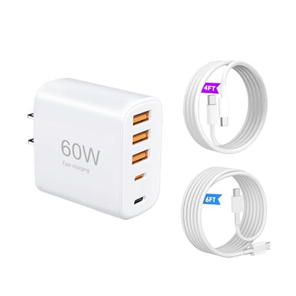 60W Multi-Port USB-C Charger with Cables (4FT + 6FT), 5-Port Wall Plug Power Adapter Compatible with iPhone 17/16/15 Series, iPad, Samsung S25/S24, Headphones, smartwatches, and More