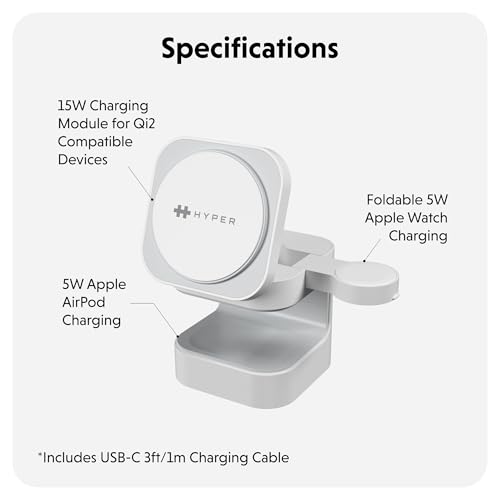 HyperJuice 3-in-1 Wireless Charger Qi2 Magnetic Stand — Fast Charger for iPhone, Apple Watch, Airpods, & Qi Compatible Devices — Compact and Adjustable 3 in 1 Design - style: 3-in-1
