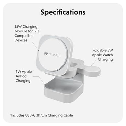 HyperJuice 3-in-1 Wireless Charger Qi2 Magnetic Stand — Fast Charger for iPhone, Apple Watch, Airpods, & Qi Compatible Devices — Compact and Adjustable 3 in 1 Design - style: 3-in-1