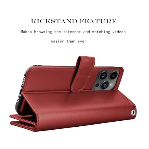 NJJEX Compatible with iPhone 16 Pro Max Wallet Case, 9 Card Slots, Wine Red | PU leather folio flip, detachable magnetic phone cover, integrated kickstand, included lanyard - color: Wine Red, size: iPhone 16 Pro Max