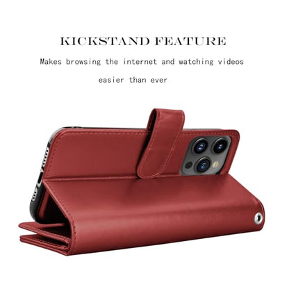 NJJEX Compatible with iPhone 16 Pro Max Wallet Case, 9 Card Slots, Wine Red | PU leather folio flip, detachable magnetic phone cover, integrated kickstand, included lanyard - color: Wine Red, size: iPhone 16 Pro Max