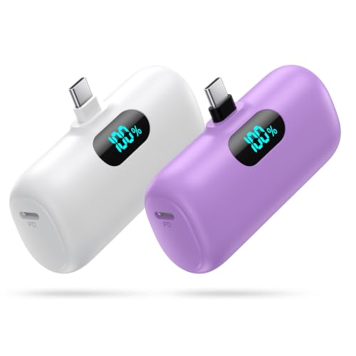 [2-Pack] Mini Portable Charger 5000mAh Power Bank, 3A PD USB C Cell Phone Portable Power, LCD Display Battery Pack Compatible with iPhone 15/15 plus/15 pro/15 pro Max/Android phone/Samsung/Moto/LG etc - color: White+Purple