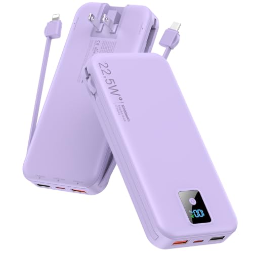 Portable Charger 12000mAh 22.5W w/Built-in Cable & Wall Plug Purple - color: Purple