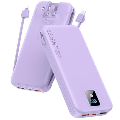 Portable Charger 12000mAh 22.5W w/Built-in Cable & Wall Plug Purple - color: Purple