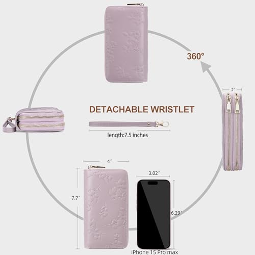 yiijay Womens Wallet RFID Blocking Large Capacity Vegan Leather Double Zip Wristlet Wallet Card Holder Travel Ladies Clutch - color: Light Purple