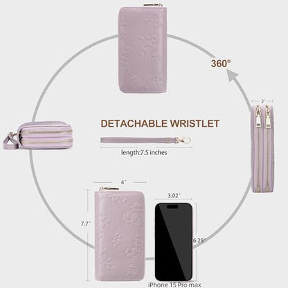 yiijay Womens Wallet RFID Blocking Large Capacity Vegan Leather Double Zip Wristlet Wallet Card Holder Travel Ladies Clutch - color: Light Purple