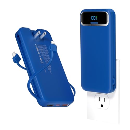 aonidi Portable Charger 12000mAh with Built-in Cables&AC Wall Plug, Navy - color: Navy