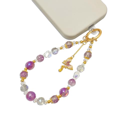 Cute Phone Wrist Strap Chic Beaded Cellphone Lanyard Phone Charm Grip Strap - color: Purple Butterfly