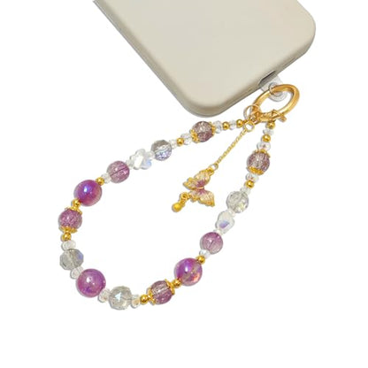 Cute Phone Wrist Strap Chic Beaded Cellphone Lanyard Phone Charm Grip Strap - color: Purple Butterfly