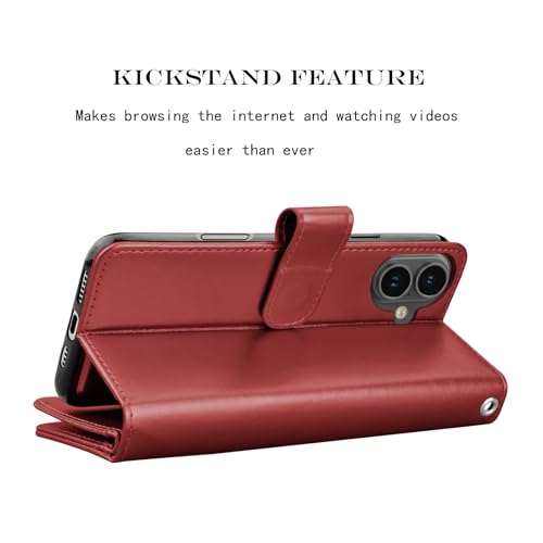 NJJEX Compatible with iPhone 16 Wallet Case, 9 Card Slots, Wine Red | PU leather folio flip, detachable magnetic phone cover, integrated kickstand, included lanyard - color: Wine Red, size: iPhone 16