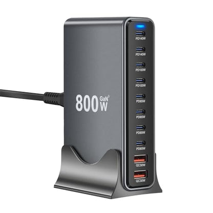 800W GaN3 10-Port USB-C Charging Station - Fast Charger for Laptops, Tablets, Smartphones, and More (Black) - size: 800WGaN3