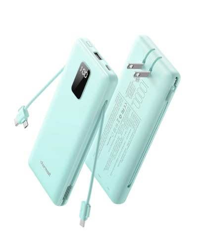 charmast Portable Charger Power Bank 10000mAh with Built-in AC Wall Plug - color: Cyan