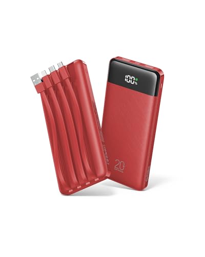 Orfeika 20000mAh Power Bank, Portable Charger with 4 Built-in Cables - color: Red