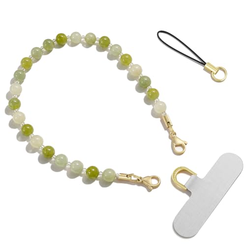 SURPHY Natural Stone Phone Charm, Beaded Phone Wrist Strap with Tether Tab - color: Serpentine Jade