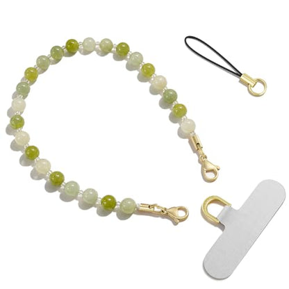 SURPHY Natural Stone Phone Charm, Beaded Phone Wrist Strap with Tether Tab - color: Serpentine Jade