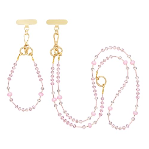 Crystal Phone Strap Crossbody and Wrist Lanyard, Anti Theft Layered & Wrist Strap Cell Phone Neck for Women - color: Pink Beaded