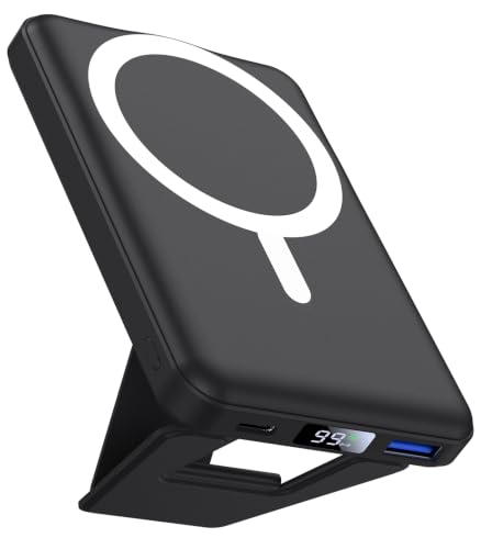 AOGUERBE Magnetic Power Bank, 10000mAh Wireless Portable Charger with Stand - color: Matte Black