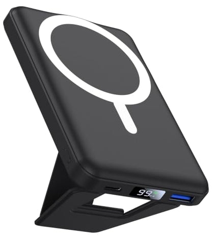 AOGUERBE Magnetic Power Bank, 10000mAh Wireless Portable Charger with Stand - color: Matte Black
