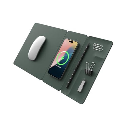 POUT H3 Split Max 3-in-1 Wireless Charging Mouse Pad – Fast Qi Charger, Mousepad Mat, and Magnetic Tray Organizer – Compatible with Smartphones and Earbuds (Deep Green)