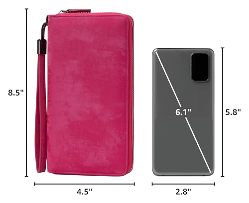 Bveyzi Women RFID Blocking Wallet Leather Zip Around Phone Clutch Large Capacity Ladies Travel Purse Wristlet - color: Hot Pink