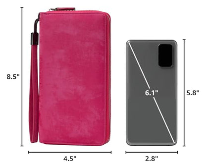 Bveyzi Women RFID Blocking Wallet Leather Zip Around Phone Clutch Large Capacity Ladies Travel Purse Wristlet - color: Hot Pink