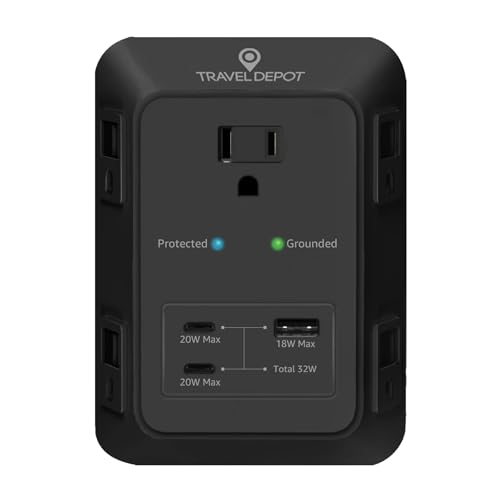 Travel Depot 5-Outlet Wall Outlet Extender with Surge Protector, (Black) - color: Black