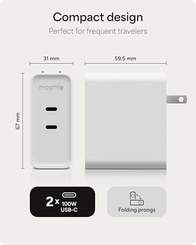 Mophie Speedport 100 GAN USB-C Charger Block - 100W Fast Wall Charger, 2× USB‑C PD Ports, Compact Foldable Prongs, Made with Recycled Materials, for Smartphones, Tablets, Headphones - style: 100W