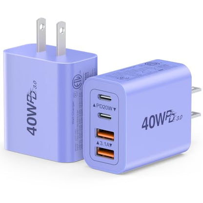 2 Pack 40W Fast USB C Charger Block, 4-Port PD Power Adapter Wall Charger - color: 40W 2Pack Orchid Purple