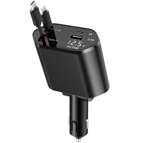 Retractable Car Charger, 4-in-1 Fast Charger with USB-C & USB-A - color: Black