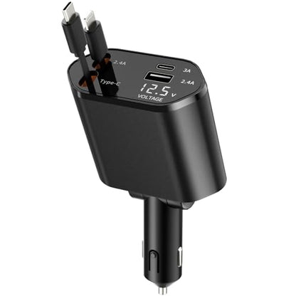 Retractable Car Charger, 4-in-1 Fast Charger with USB-C & USB-A - color: Black