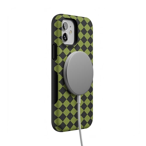 Casely iPhone 12 Mini Case | Harlequin Wicked Diamond | Black and Green | Bold Protective Design | MagSafe Compatible Design - color: Harlequin Wicked Diamond | Black and Green, size: Iphone 12 Mini