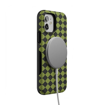 Casely iPhone 12 Mini Case | Harlequin Wicked Diamond | Black and Green | Bold Protective Design | MagSafe Compatible Design - color: Harlequin Wicked Diamond | Black and Green, size: Iphone 12 Mini